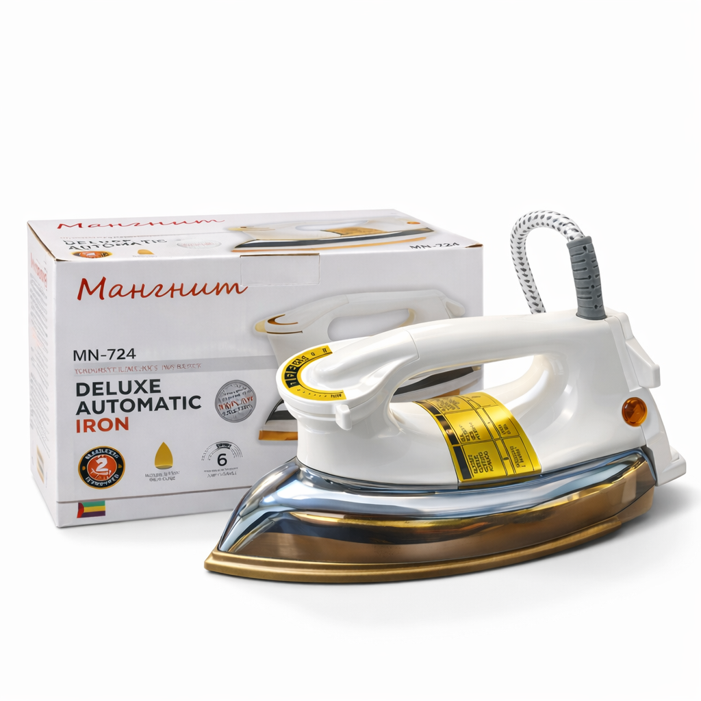 Magnit Deluxe Automatic Iron MN-724 | Heavy Weight Dry Iron | 1000W-1200W Power| Non-Stick Golden Teflon Soleplate| Adjustable Temperature Control | Overheat Protection